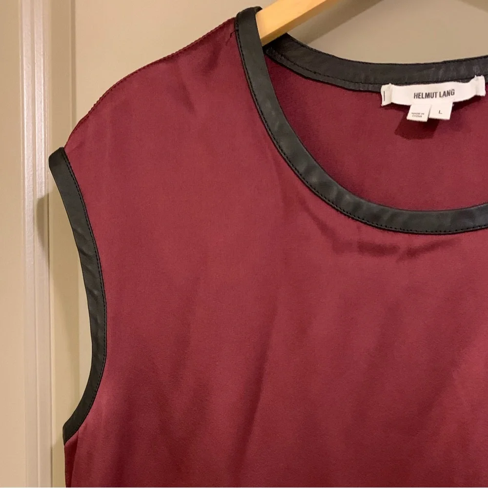 Helmut Lang Satin Burgundy With Black Lamb Leather Trim Tank Top Size L - Picture 5 of 10